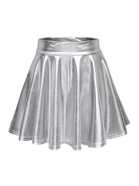 Metallic Wet Look Stretchy Flared Mini Skater Skirt - High Rise